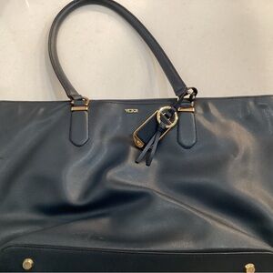 Tumi Navy Leather Tote with Gold Accents